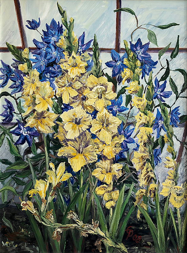 Ernst Prochnow Gelbe Gadiolen vor Clematis 1
